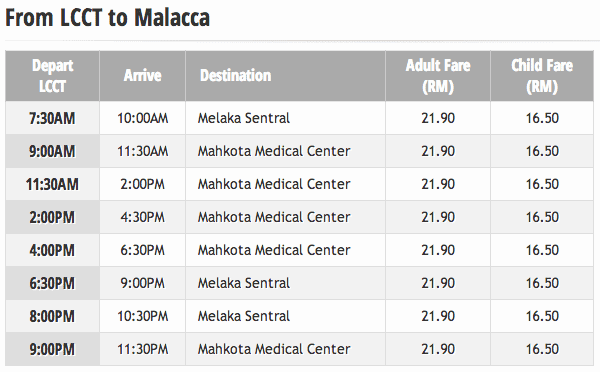 lcct to malacca bus