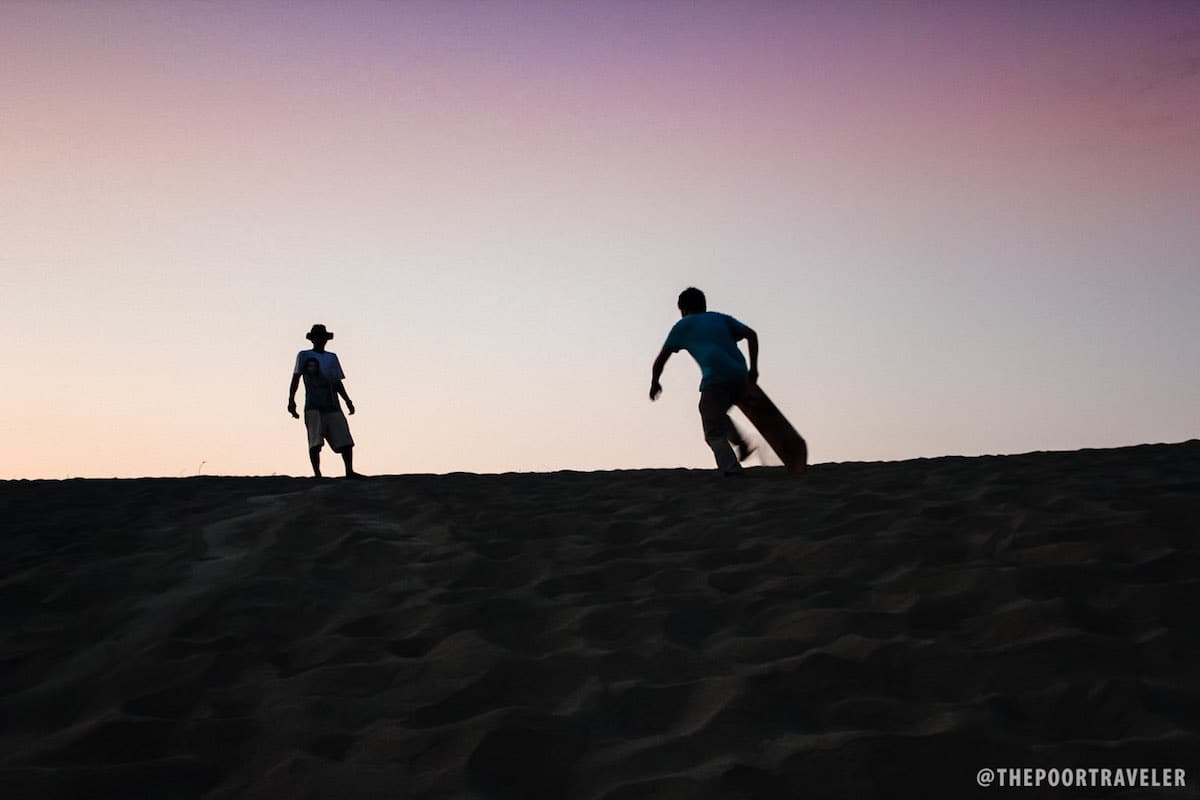 The nasty part of sandboarding is climbing back up. Haha