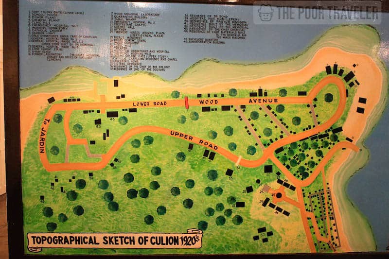 A map of Culion in the 1920s. The town is divided into two: one side was where the patients resided, and the other was where the health workers stayed. Gates (and their arcs still stand today) mark the borders. 