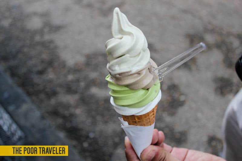 Green tea ice cream. You'll find booths selling these in almost every tourist spot in Osaka and Kyoto.
