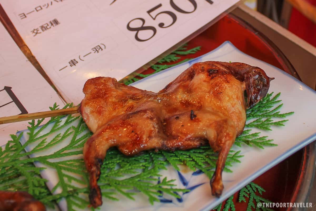 Yakitori. But this is not chicken. In this part of Kyoto, yakitori is traditionally quail or pigeon.