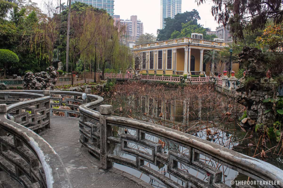 A stone walkway over a lotus-covered pond