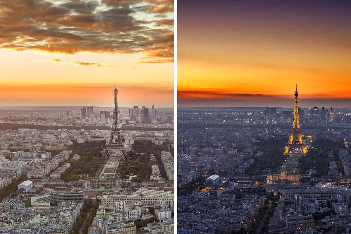 The Eiffel Tower at sunset and nightfall.