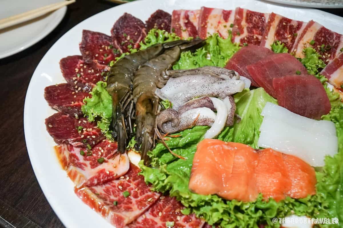  Yakiniku and Seafood Set - Karubi (Special Boneless Beef Short Rib), Harami (beef skirt), Bara (pork belly), Ebi (shrimp), Tuna, Shake (salmon) and Ika (squid)