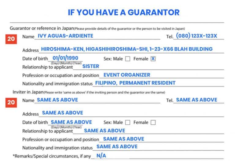visa application form to enter japan guarantor