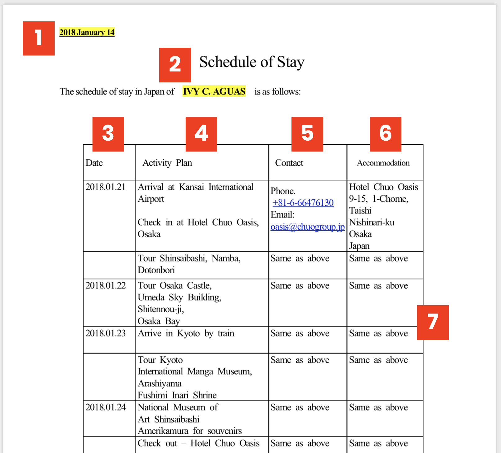 travel plan sample for visa