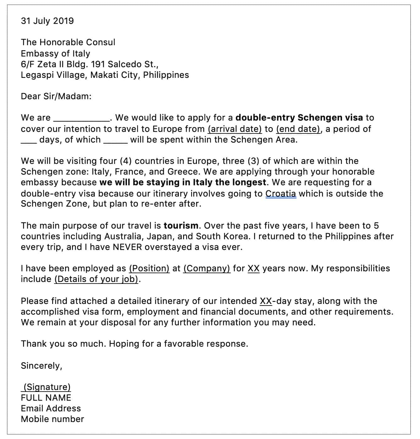 Application For For Visa To Italy Embassy
