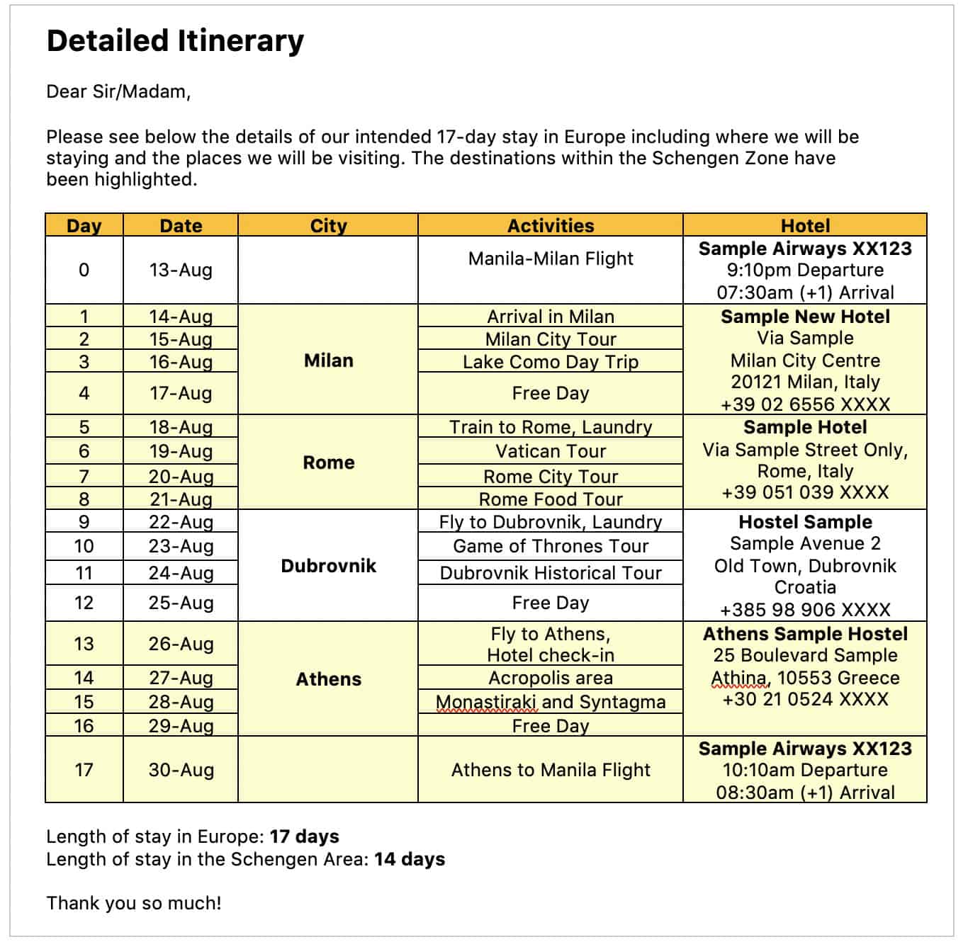 schengen travel plan template