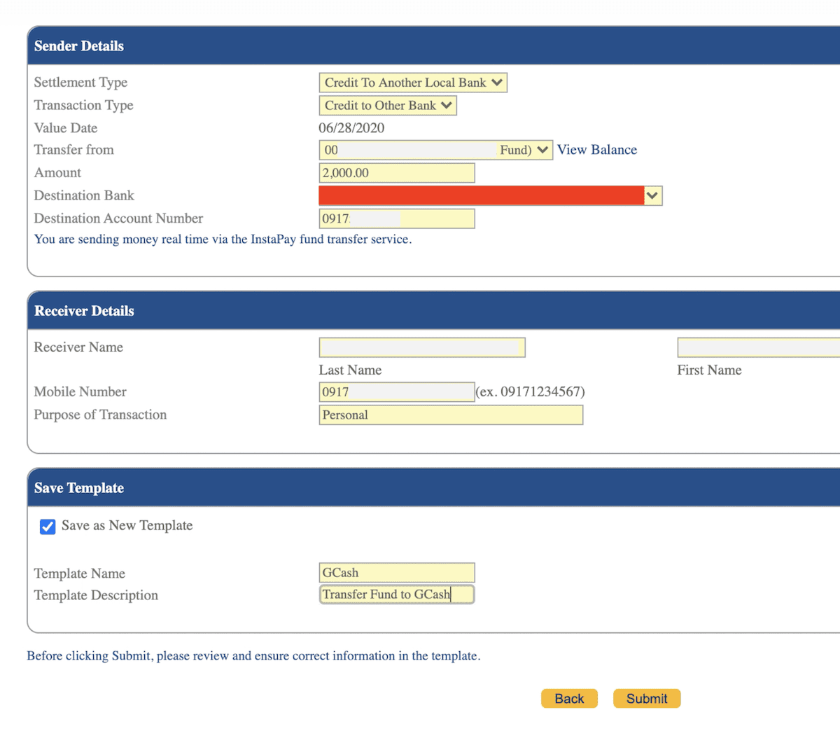 All the information you need to provide when transferring funds