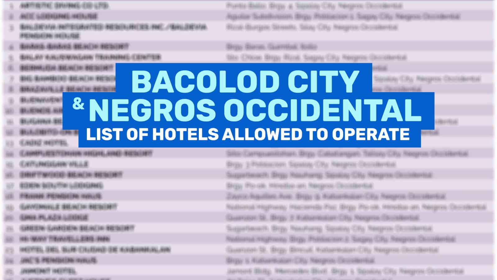 List of DOT-Accredited BACOLOD & NEGROS OCCIDENTAL Hotels & Resorts