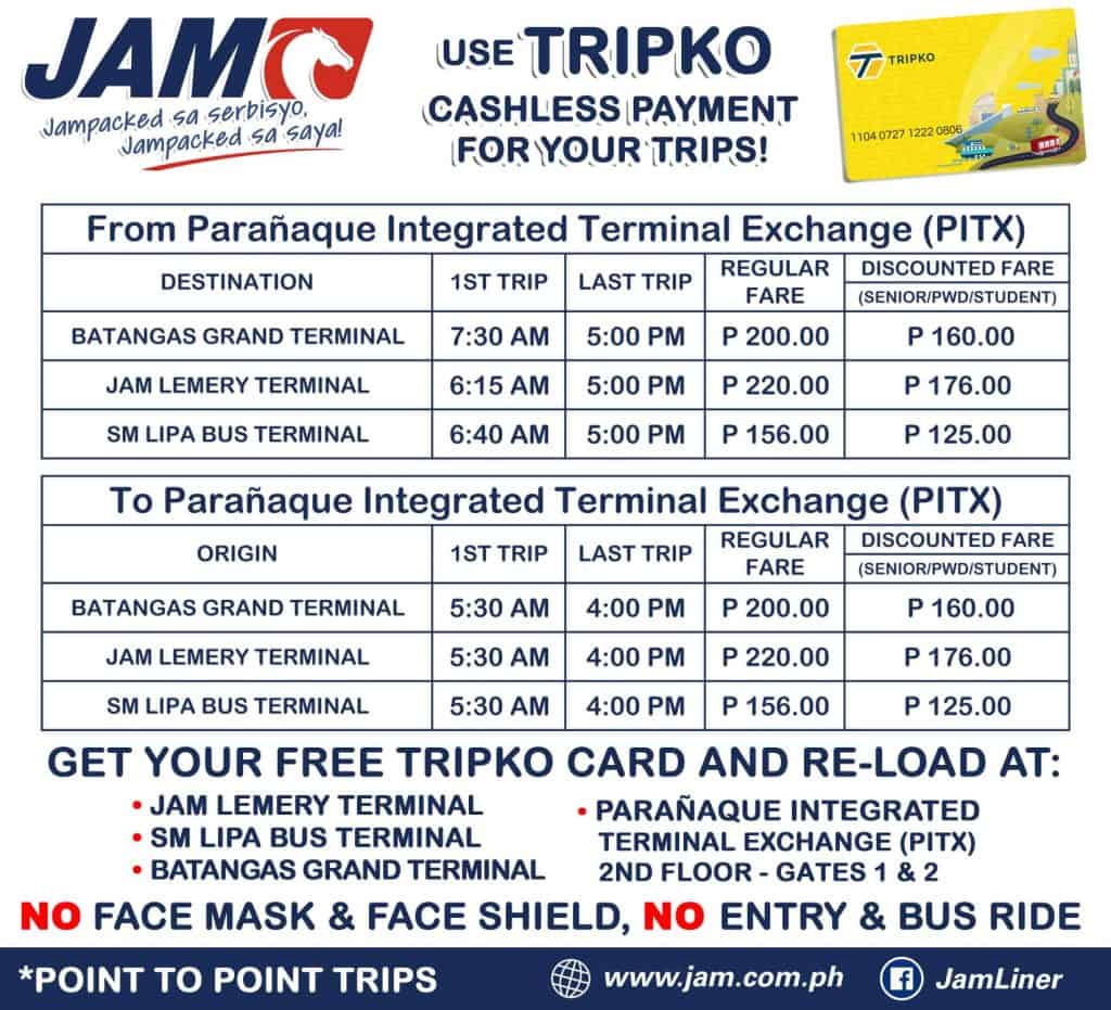 JAM LINER BUS Open Terminals, New Schedule & Fares (New Normal) The