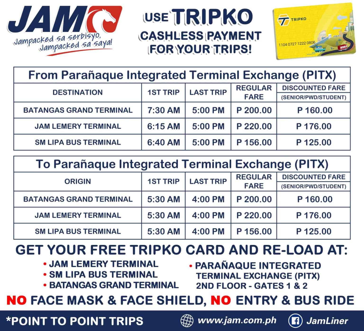 JAM LINER BUS Open Terminals, New Schedule & Fares (New Normal) The