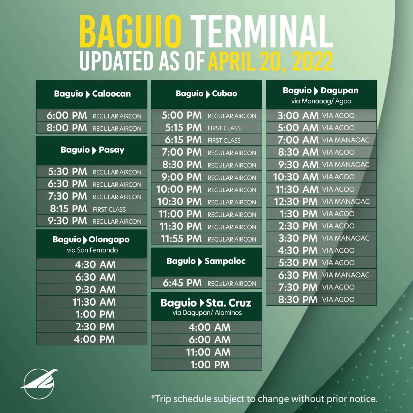 Victory Liner Baguio Bus Schedule April 2022