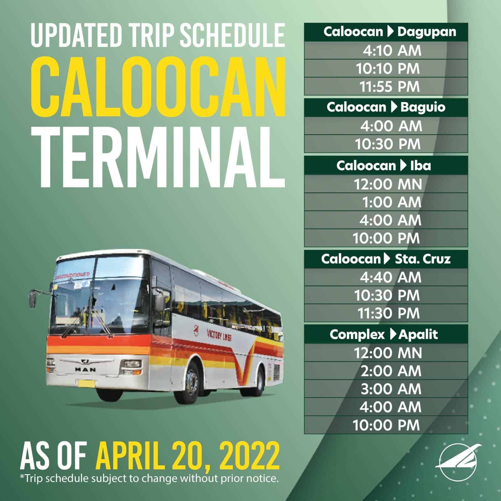 Victory Liner Caloocan Schedule April 2022