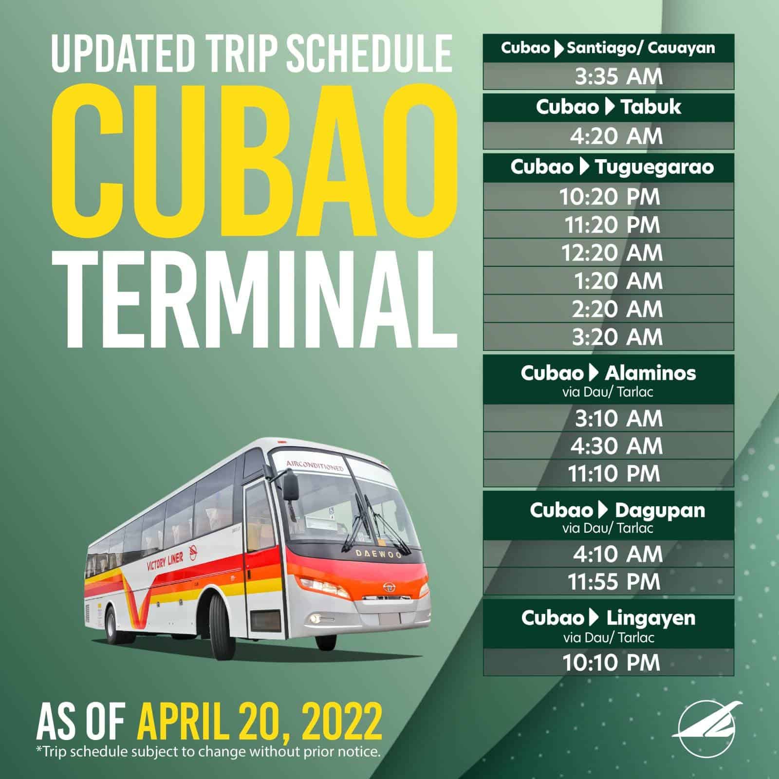 Victory Liner Cubao Schedule April 2022 B