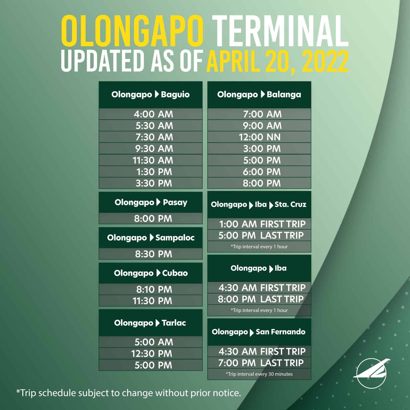 Victory Liner Olongapo Bus Schedule 2022 April