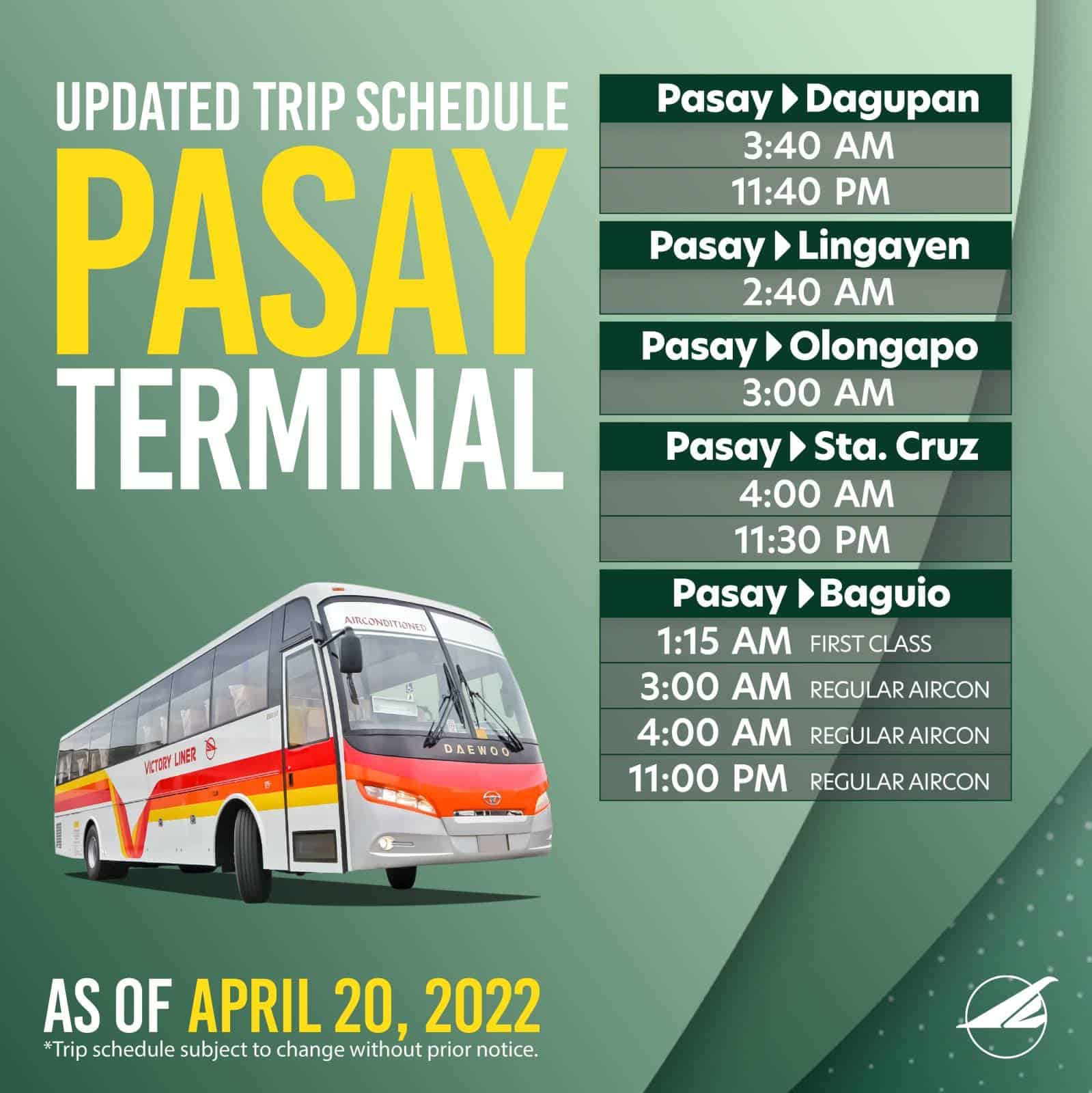 Victory Liner Pasay Terminal Schedule April 2022