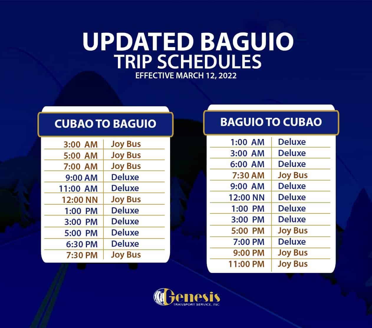 Genesis Cubao-Baguio Bus Schedule as of March 2022