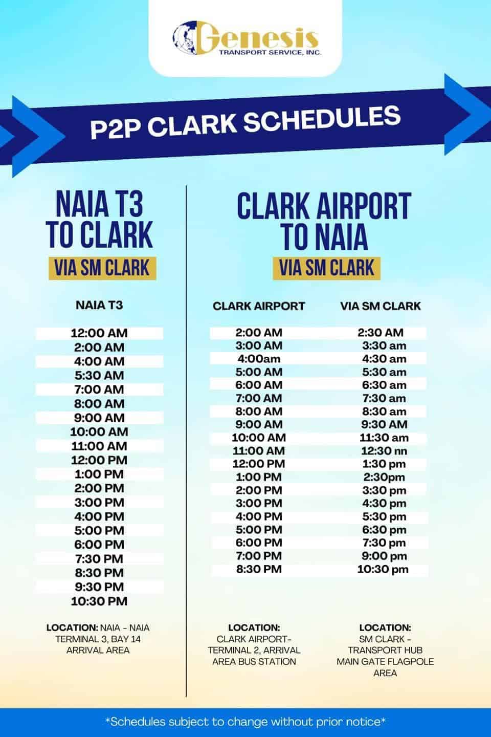 Genesis NAIA-Clark Airport P2P Bus Schedule