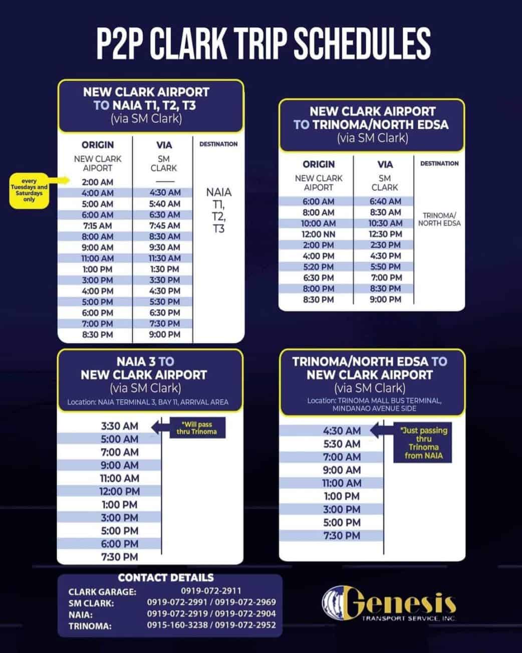 2022 MANILA to CLARK to MANILA P2P BUS SCHEDULE (NAIA, Trinoma, Clark