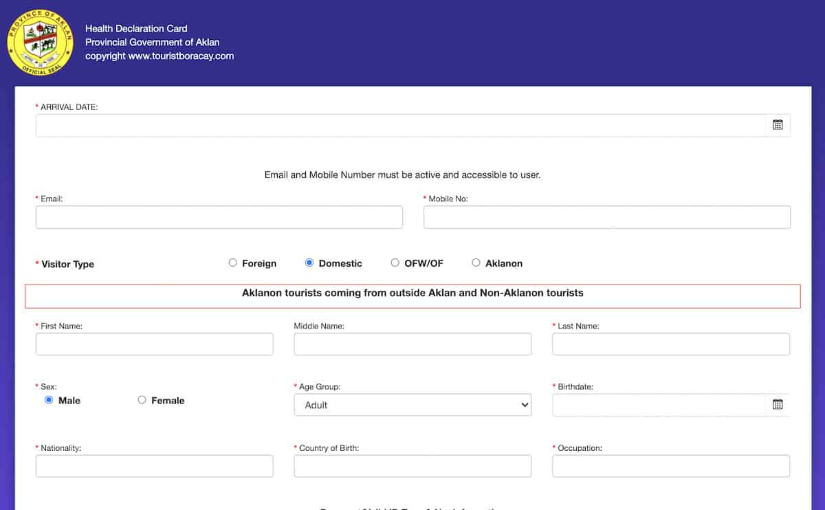 tourist registration form boracay