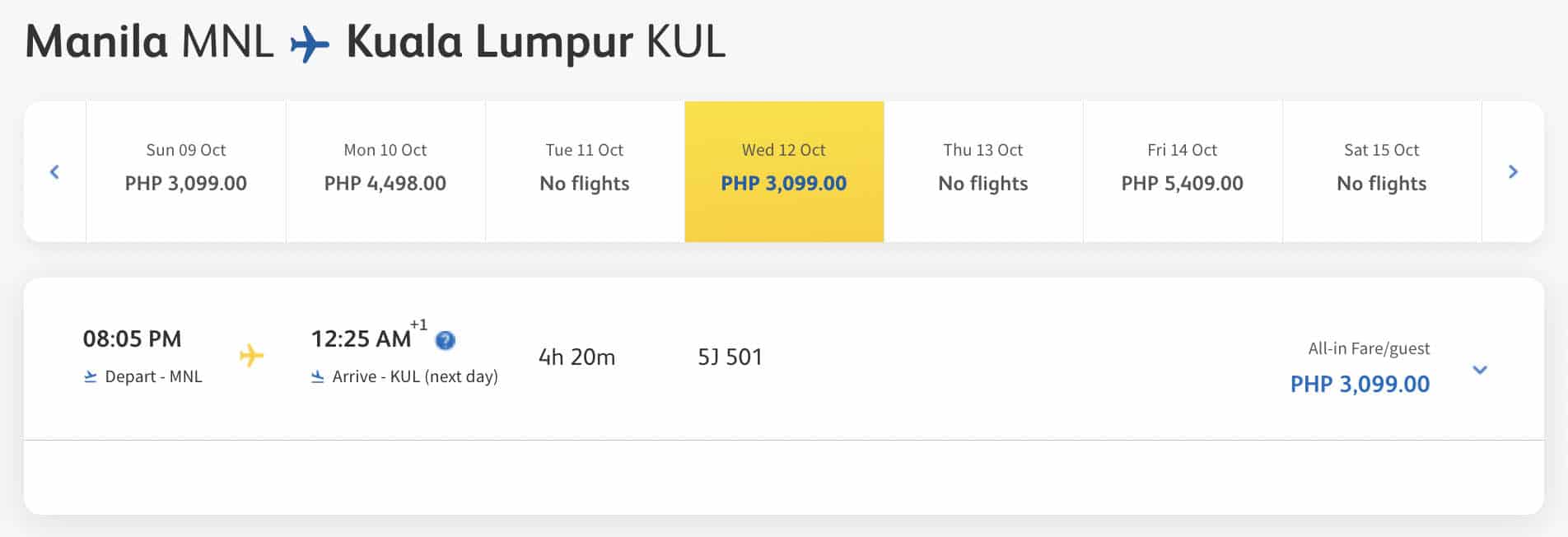 Cebu Pacific Kuala Lumpur Flight Price