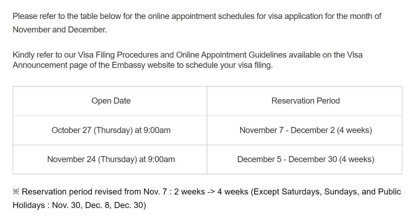 Korean Embassy Appointment November December