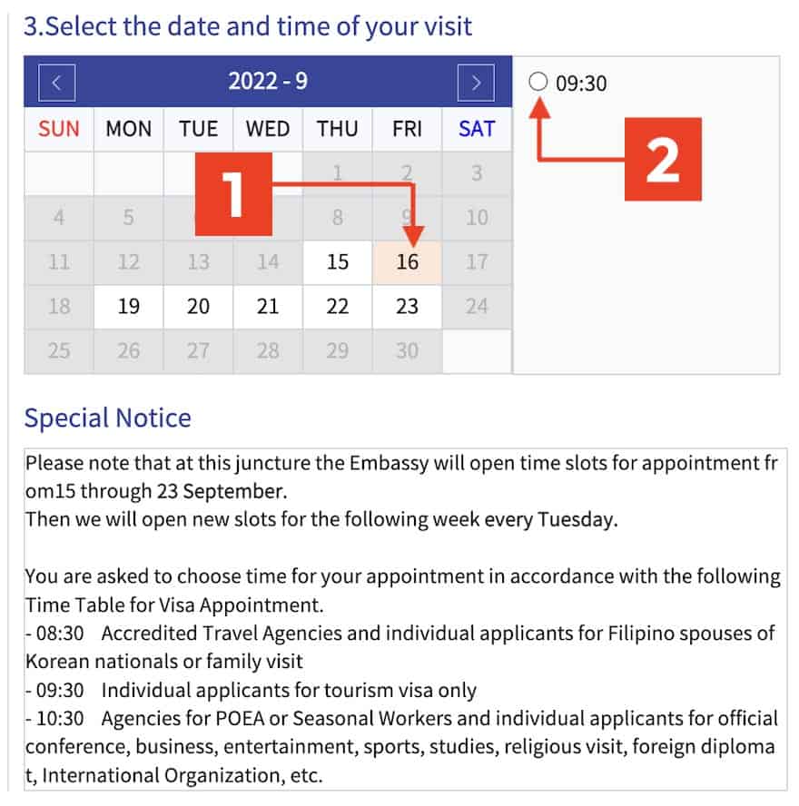 Date and time of visit for Korean Visa