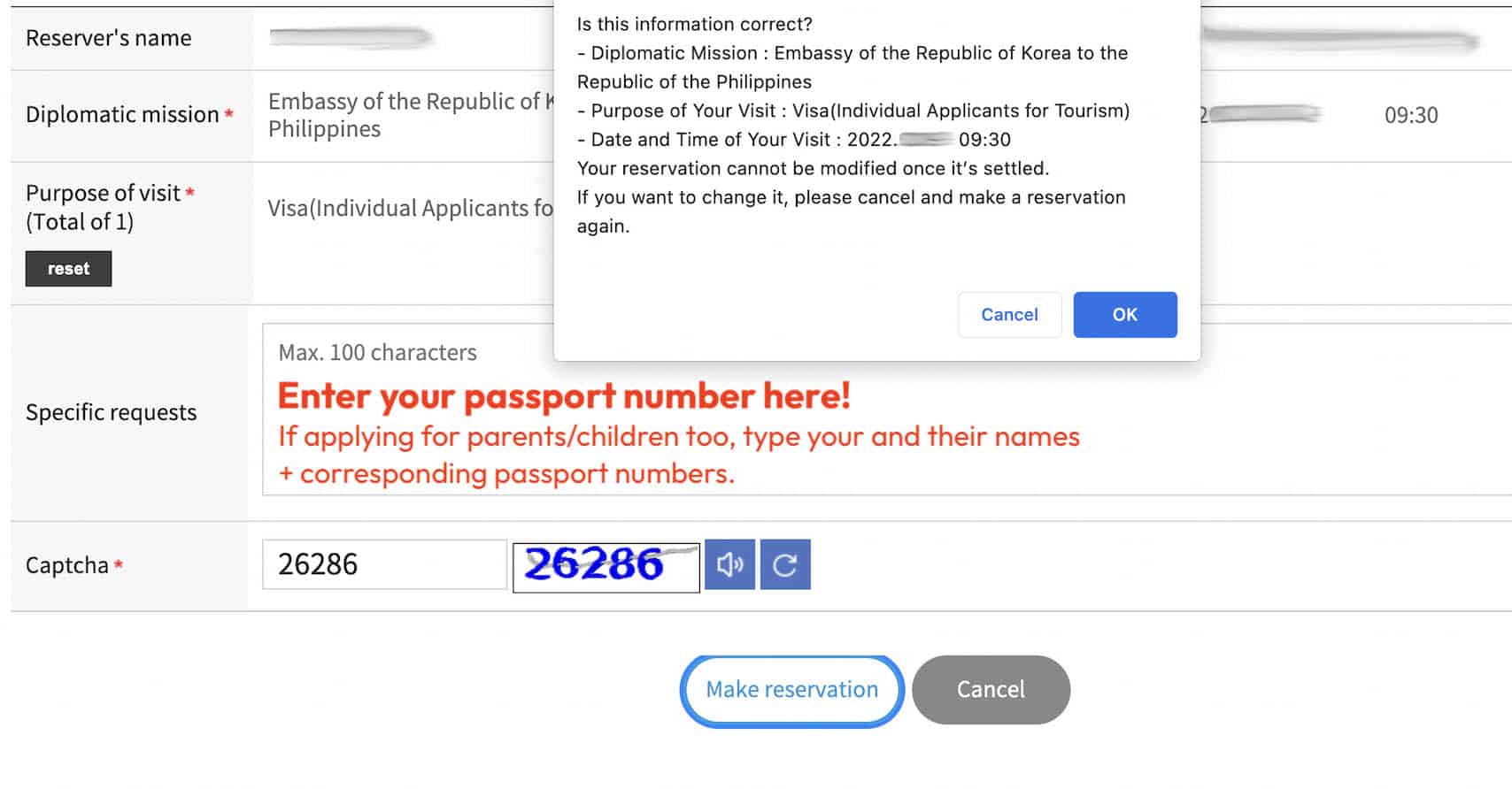 Korean visa appointment passport number