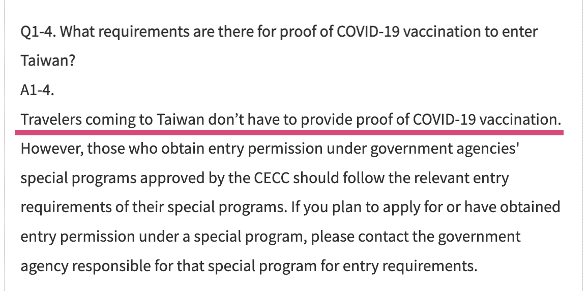 Taiwan No Proof of Vaccination Required