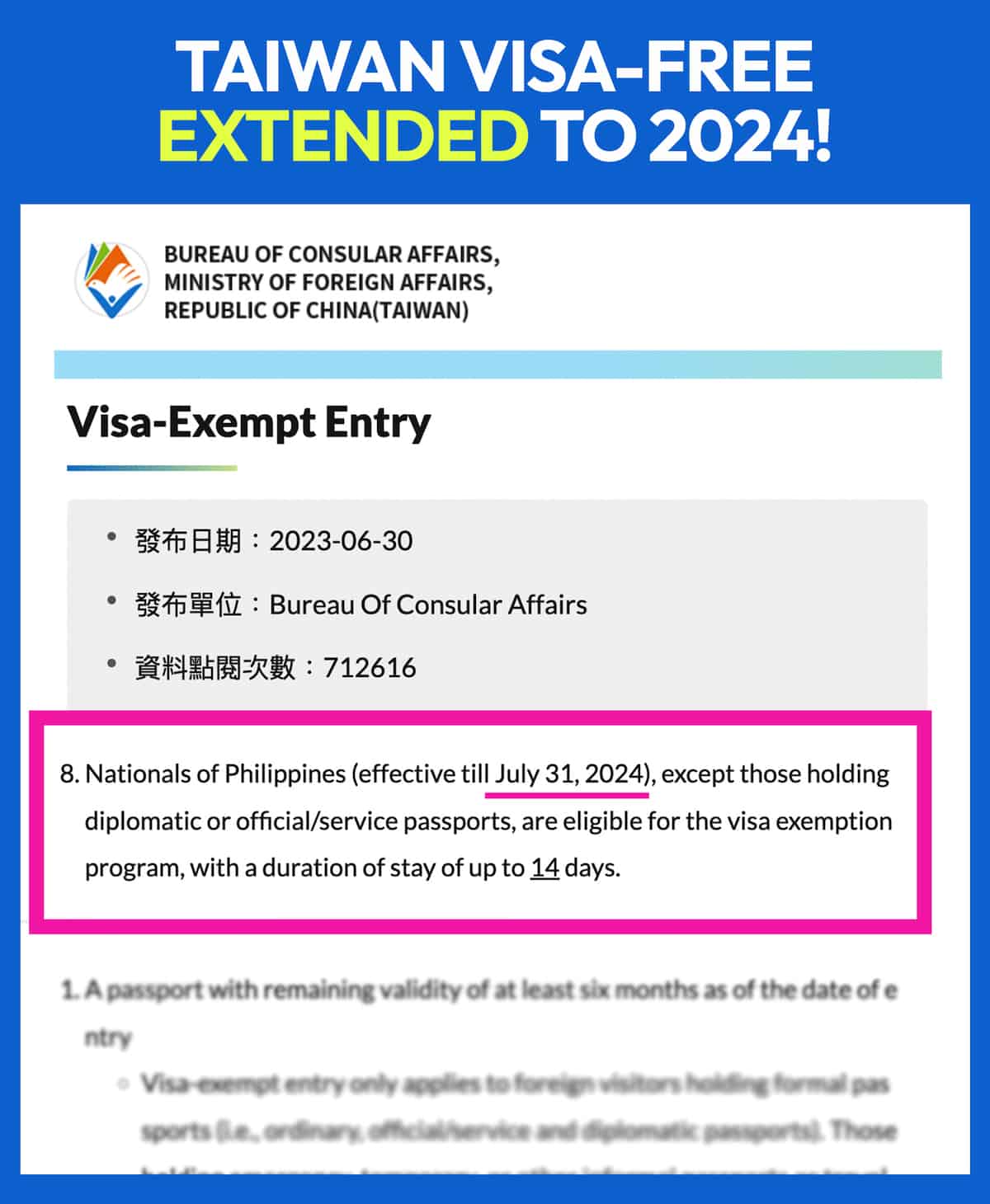 Taiwan Visa Free Extended to 2024