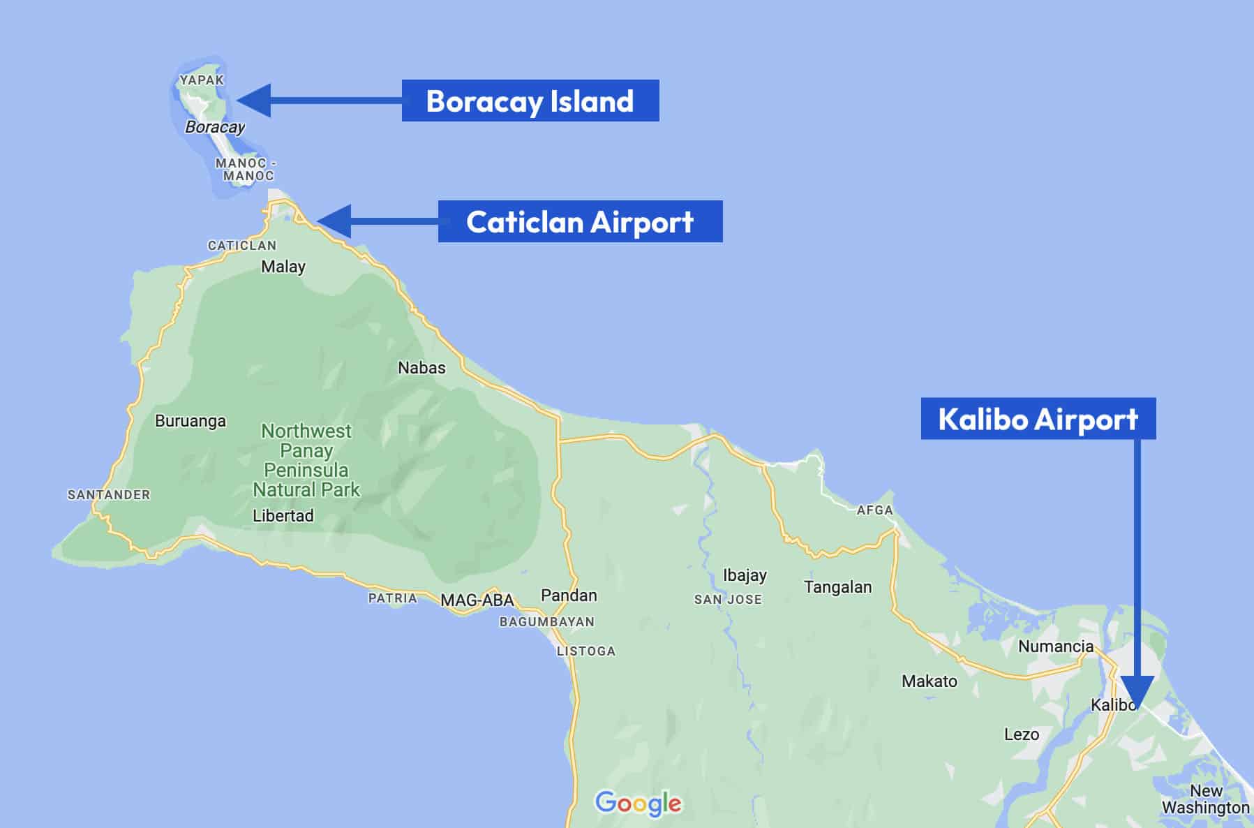 De afstand tot Boracay vanaf Kalibo Airport en Caticlan Airport