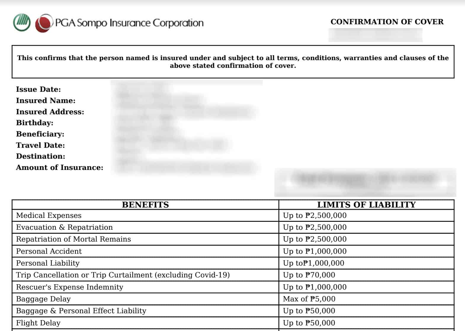 PGA Sompo TravelJoy Sample Insurance