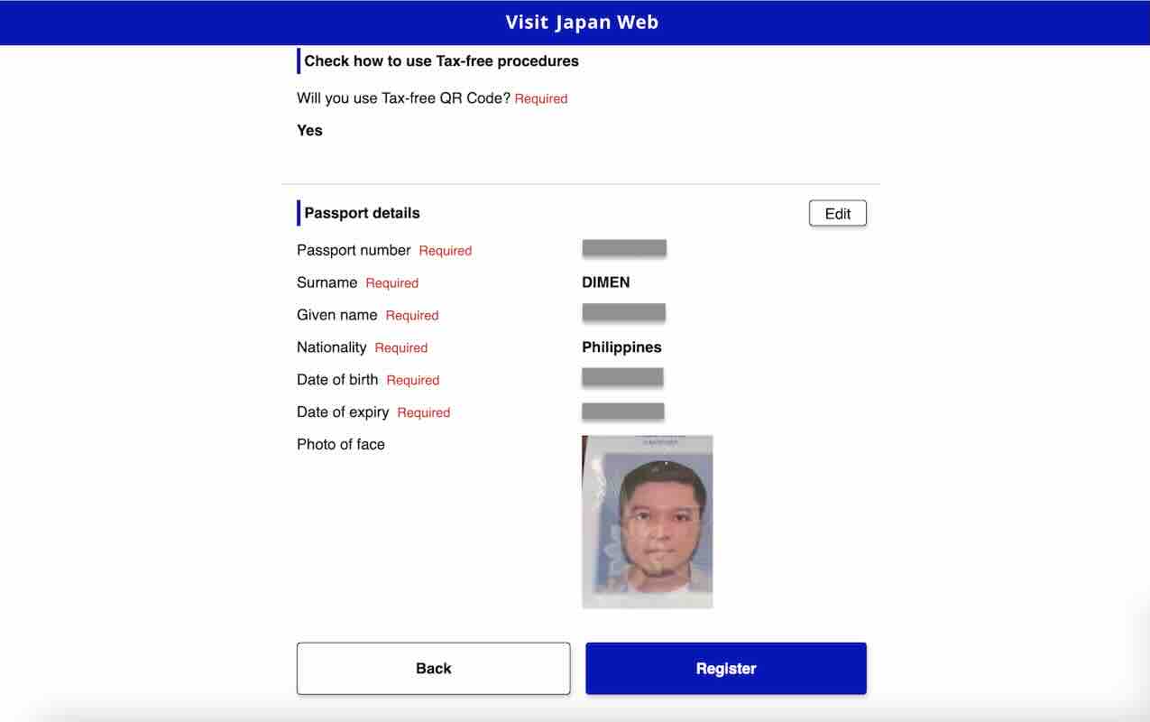 Visit Japan Web Confirm Details