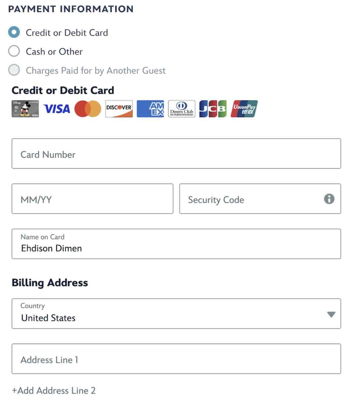 Payment Information Disney Adventure